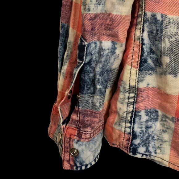 Justify Collar Denium Western Double Pocket Button Snap Pearl Plaid Women L Red - Picture 4 of 6